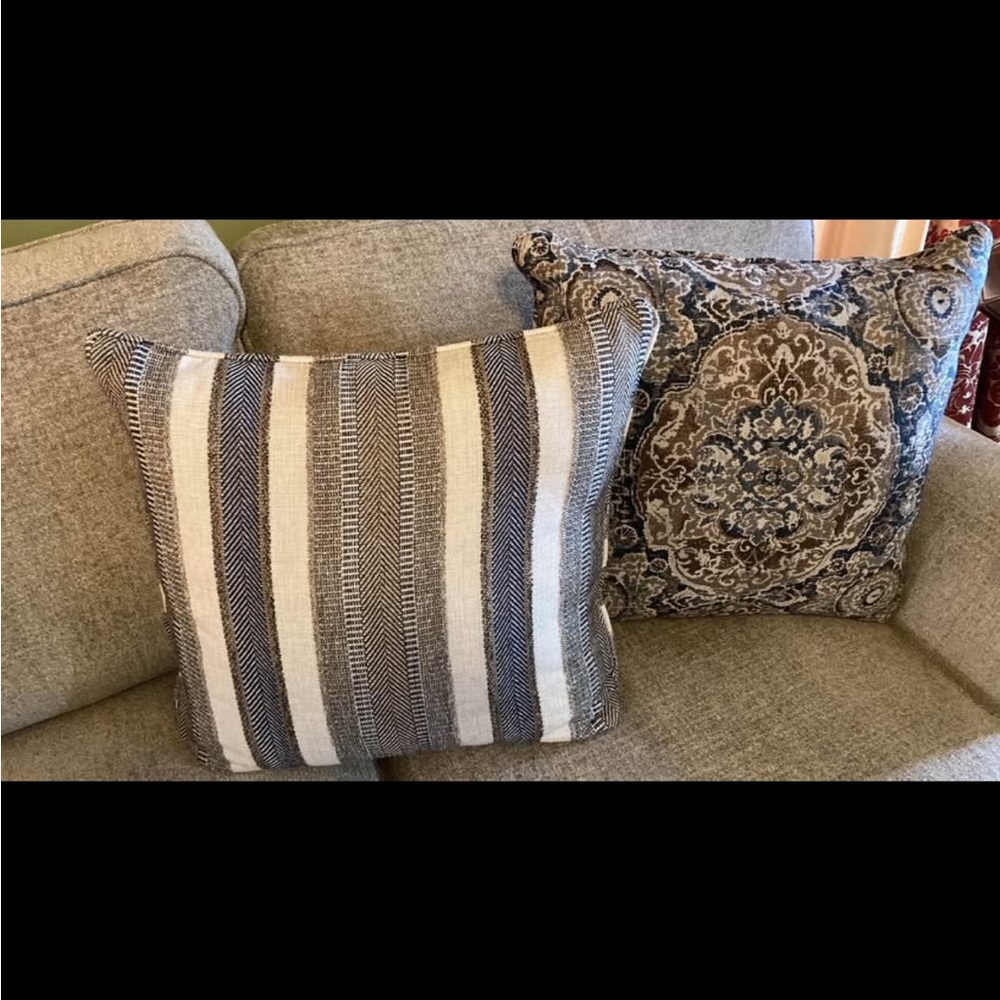 Set of two (1 print and 1 Stripe) Blue, Taupe and Cream Accent Pillows. NEW!!